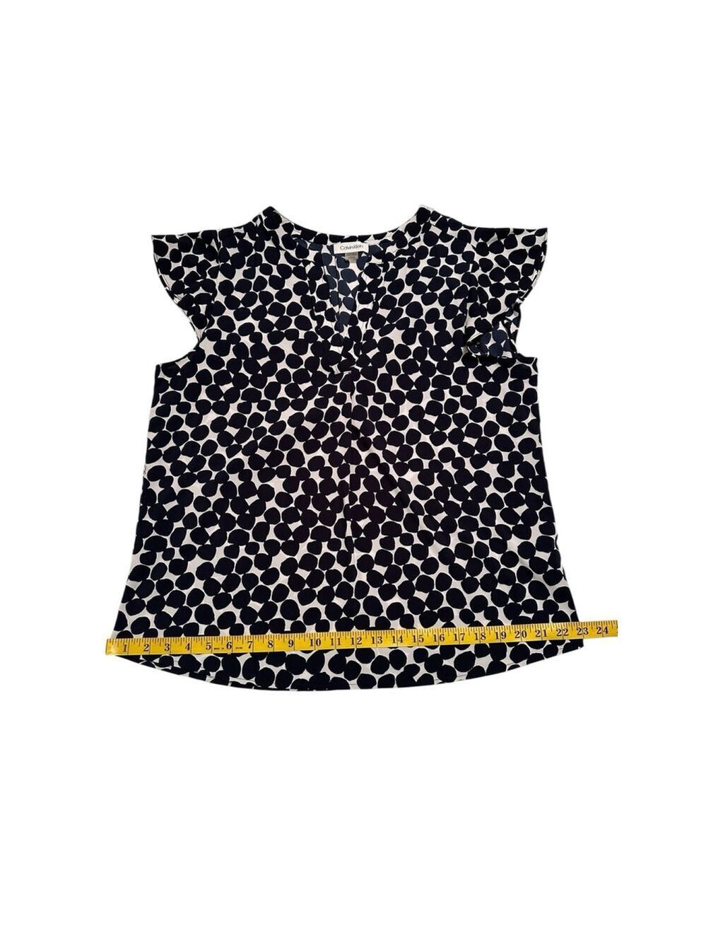 Calvin Klein Chic Career Blouse Womens L Blue & White Dots Short Flutter Sleeves - Picture 13 of 16